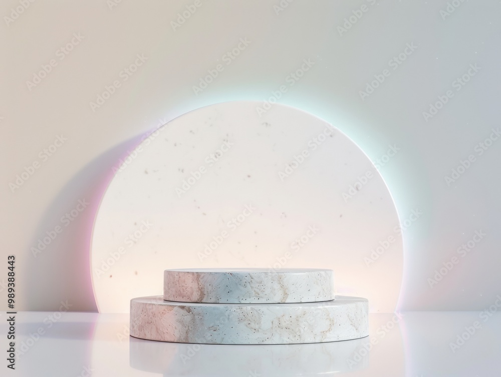 Poster minimalist marble podium on holographic gradient background with soft white spotlight effect