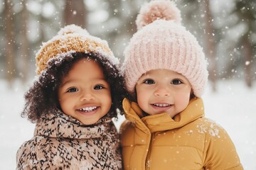 two black toddlers wearing modern warm winter clothes snowing, snowy winter forest in the background