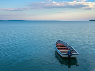Fototapeta premium Tranquil Scene with Boat on Serene Lake During Sunset
