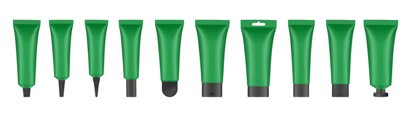 Set of green cosmetic tubes with black caps. Closed blank tubes with caps. Realistic mockup. Long nozzle tube. for ointment or salve. Gel serum. Korean packaging. Lip gloss. Toothpaste. Hand cream