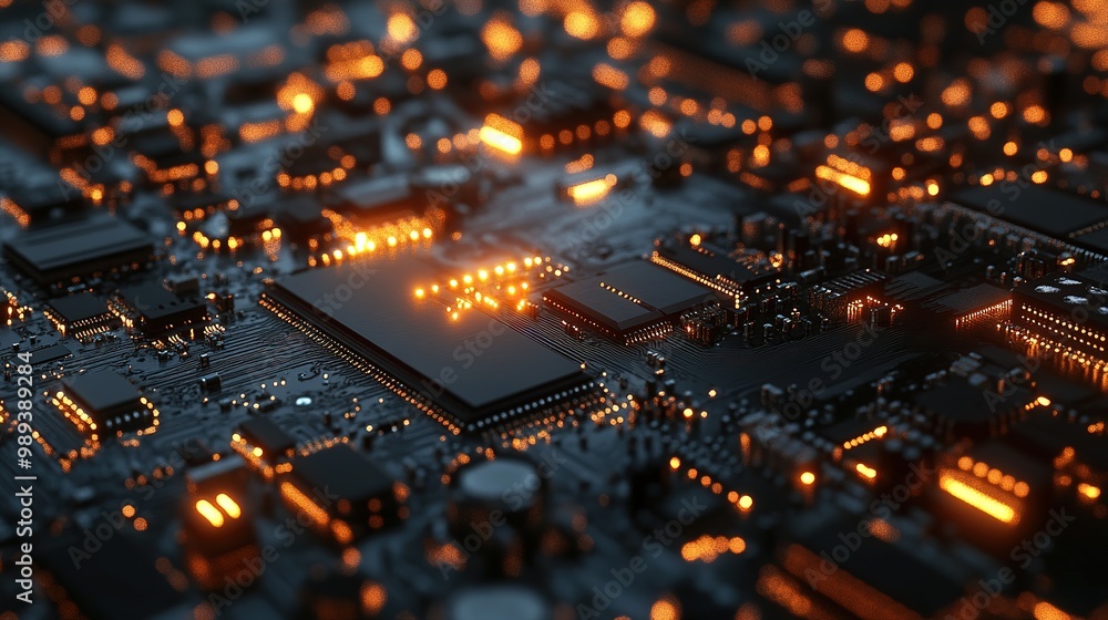 Poster close-up view of a high-tech circuit board illuminated by orange lights showcasing intricate compone