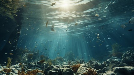 Underwater scene of plastic pollution and microplastics endangering marine life and ecosystems