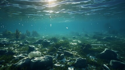 Underwater scene of plastic pollution and microplastics endangering marine wildlife and ecosystems