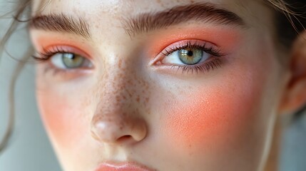 Obraz premium Radiant Orange Blush Close-Up with Soft Lighting on Woman's Cheeks, Natural Makeup Look Highlighted