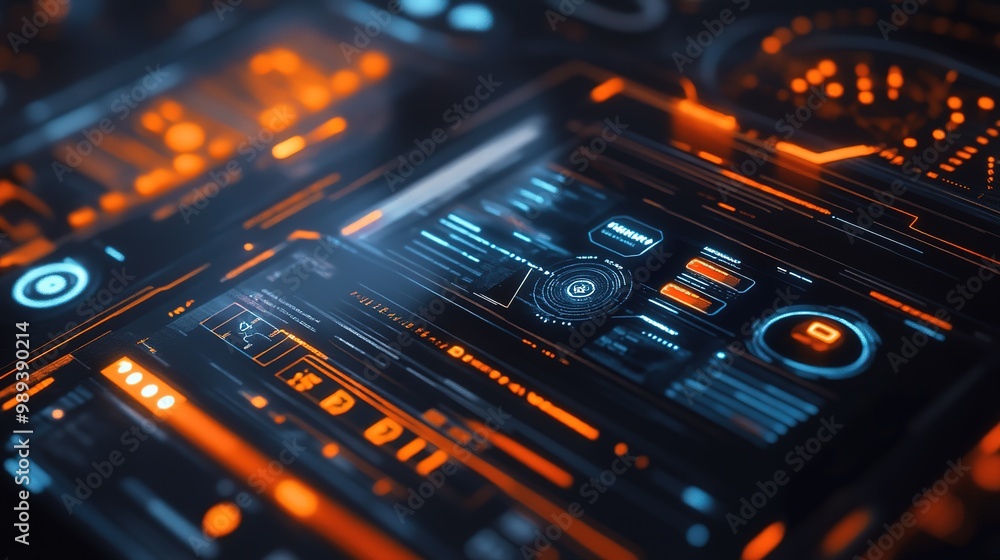 Aufkleber futuristic control panel display with glowing blue and orange elements in a high-tech environment at