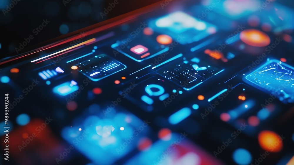 Poster futuristic control panel display with glowing blue and orange elements in a high-tech environment at