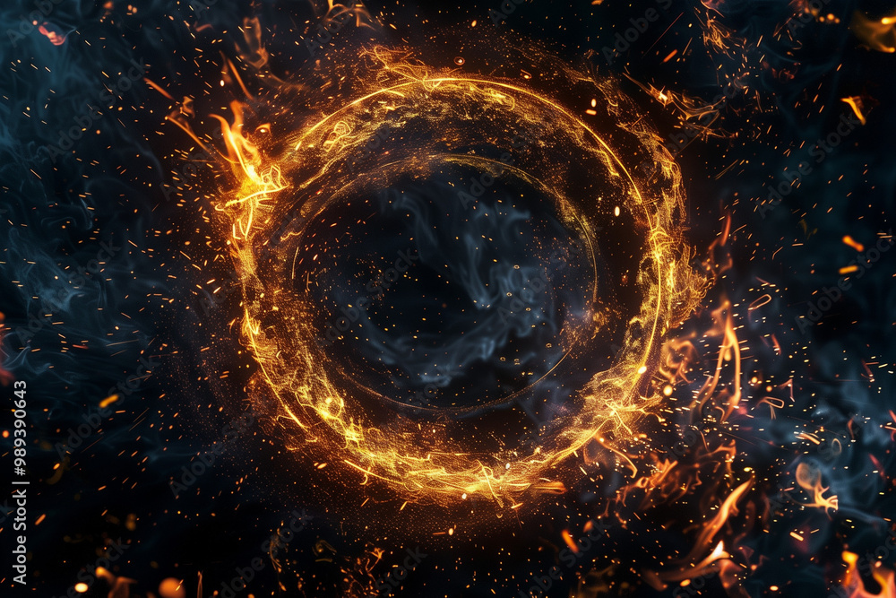 Poster an intense abstract image of a fiery vortex, swirling with bright light and glowing particles that s