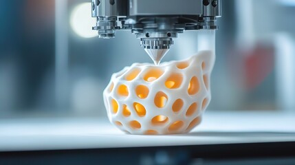 3D printer creating an intricate design in a workshop during daylight, showcasing advanced technology and detailed craftsmanship