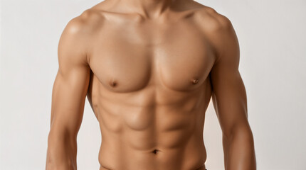 Fototapeta premium Muscular Man. Fitness. Workout. Torso with Muscular Chest and Biceps isolated on gray. Strength Training. Healthy Lifestyle. Strength & Confidence 