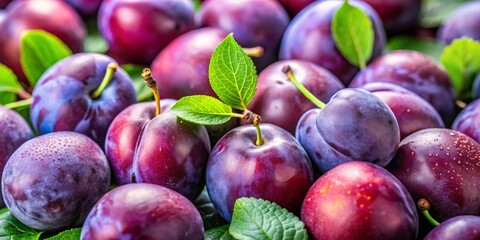 Close-Up of Plums with Green Leaves, Fresh Fruit, Organic Produce, Plums, Fruit ,fruit ,organic