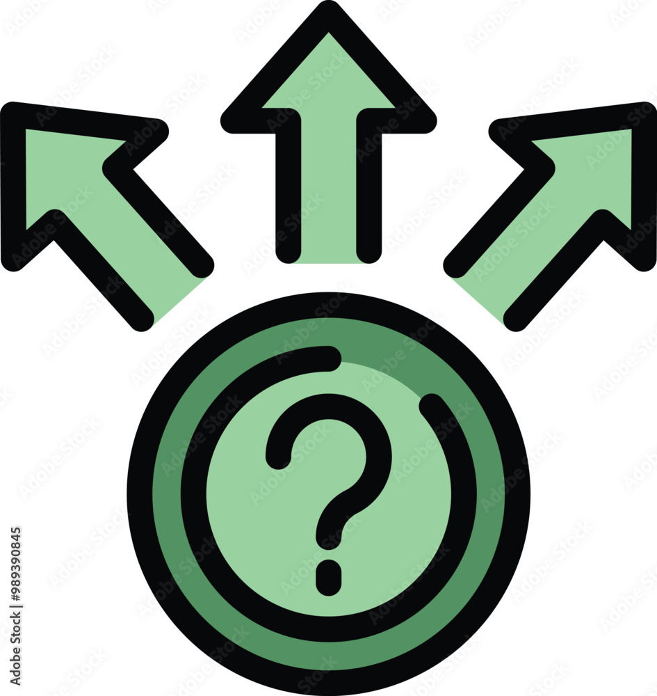 Poster question mark inside a circle with three arrows pointing up representing different options and makin