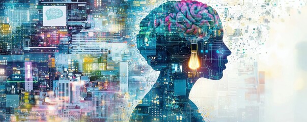 A creative collage merging digital and traditional art elements with a focus on human intelligence and technology integration