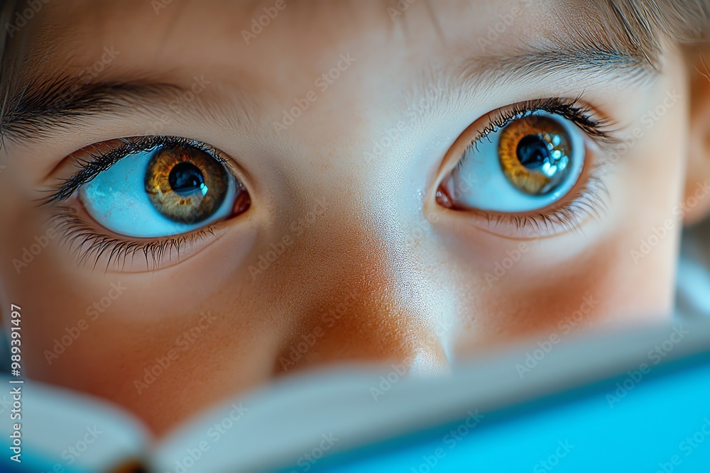 Poster A hyper-realistic close-up of a childâ€™s face while reading, showing every detail of their expression as they are captivated by the story
