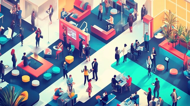 People working in a collaborative office space with warm lighting and large desks during daytime