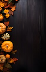 Autumn Leaves and Pumpkins on Dark Wood Background