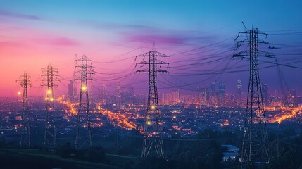 Power lines illuminated at night connect a vibrant city skyline through a web of technology and innovation
