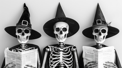 Skeletal figures dressed in witch hats reading newspapers during a spooky Halloween celebration