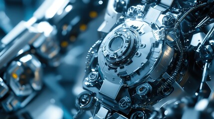 Fototapeta premium Detailed metallic sculpture showcasing intricate mechanical features, designed to resemble a bird, captured with dramatic lighting