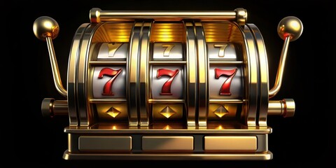 Golden 3D Rendering of a Slot Machine with 777 Jackpot, 3D Rendering , Casino