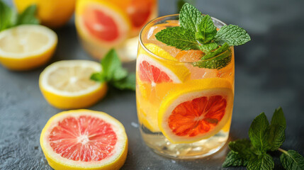 Fototapeta premium Fresh fruit Infused water with slices of lemon mint and grapefruit, detox and hydration concept, healthy lifestyle, vibrant and refreshing