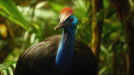 Fototapeta premium Close-up Portrait of a Cassowary in Lush Jungle