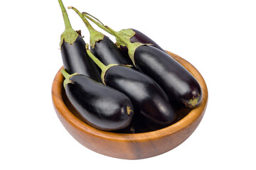 Eggplant in a wooden bowl isolated on white background cutout