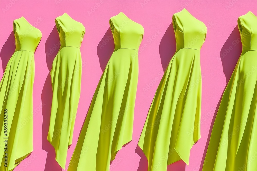 Poster vibrant neon green dresses on soft pink background with repetitive pattern and bright color contrast
