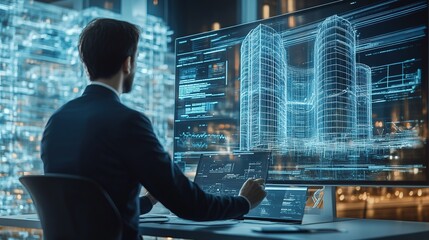 Fototapeta premium A person examines digital architecture while standing in front of a futuristic cityscape with glowing outlines at night