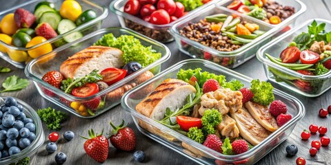 Healthy Meal Prep in Glass Containers with Chicken, Salad, and Berries, meal prep, healthy eating