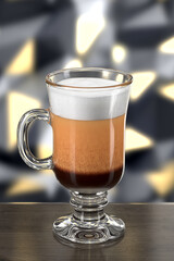 Irish Coffee glass on wooden table against wall with spotlights. Bar theme. Dark environment. 3d rendering.