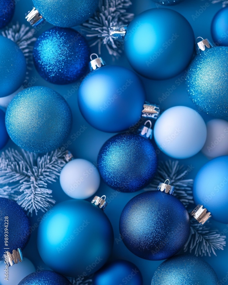 Poster symmetrical aerial view of blue christmas ornaments in geometric pattern with frosty lighting and co