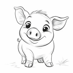 Cute Pig Illustration - Black and White Line Art