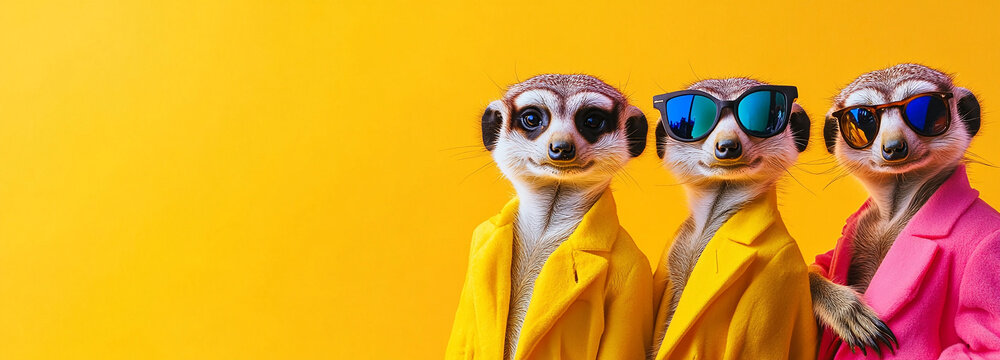 Creative animal concept. Meerkat in a group, vibrant bright fashionable outfits isolated on solid background advertisement, copy text space. birthday party invite invitation banner