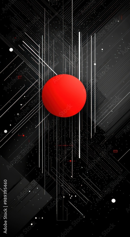 Poster dark minimalist background with geometric shapes featuring a bold red circle and intricate abstract 