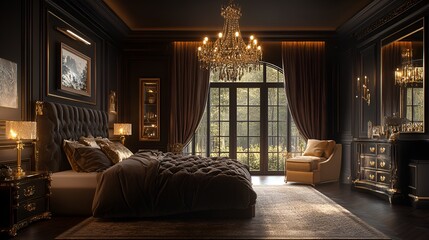 Obraz premium Cozy modern bedroom with a comfortable platform bed centerpiece