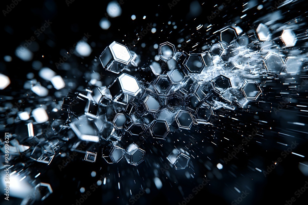 Poster abstract depiction of hexagonal and cubic shapes in motion