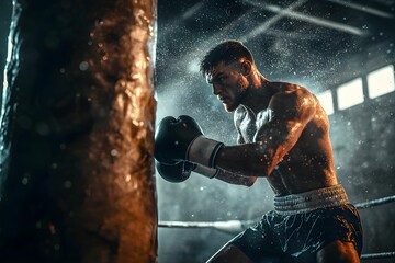 Obraz premium Boxer training intensely at gym on a rainy evening