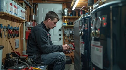 A plumber working on heater repair in a residential utility room during daytime