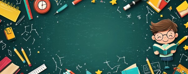 Flat cartoon frame with school supplies featuring a happy young student reading a book on a chalkboard background with educational elements and doodles