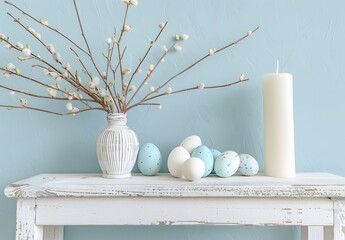 Obraz premium Pastel Easter Eggs & Willow Branches Tabletop Decor