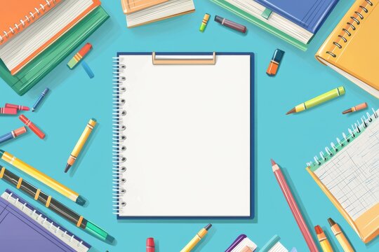 Flat design of an empty school notebook surrounded by colorful stationery items on a vibrant blue background