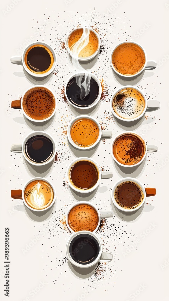 Poster flat illustration of various coffee cups arranged in rows with different types of coffee showing div