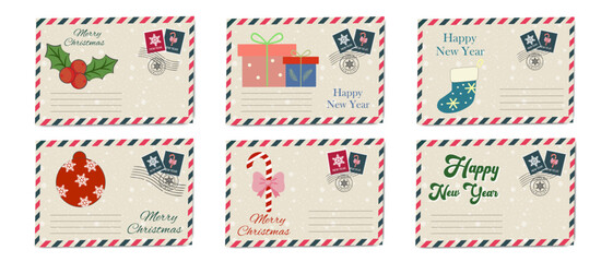 Vintage New Year and Christmas postcard envelope set with holiday decorations, stamps and greetings for seasonal celebration