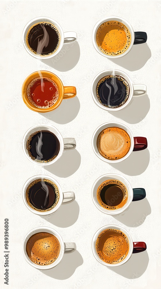 Poster flat illustration of assorted coffee cups arranged in a grid pattern on a light background with stea