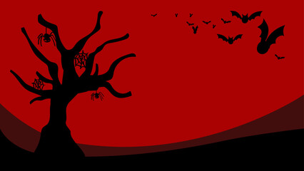 Naklejka premium Halloween Background Bats and Creepy Tree Red Sky in Vector Art