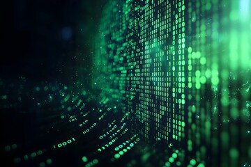 Glowing green binary code flows across a dark digital background