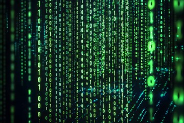 A vibrant display of cascading binary code in digital space
