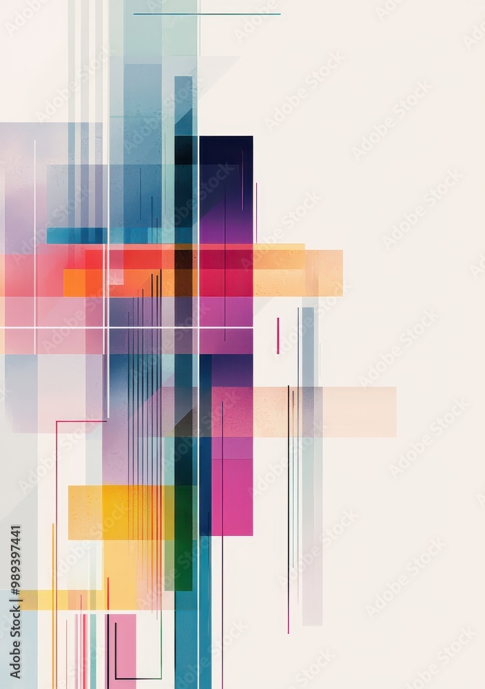Poster abstract geometric design with colorful overlapping rectangles and lines creating a modern minimalis