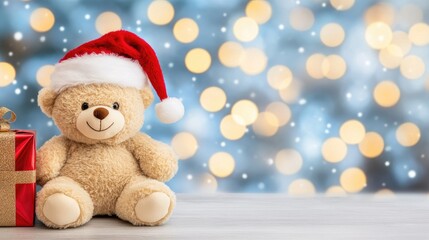 A cozy teddy bear in a Santa hat sits beside a festive gift box, illuminated by sparkling Christmas tree lights