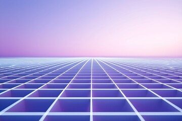 Futuristic grid landscape at dawn with pastel sky and horizon